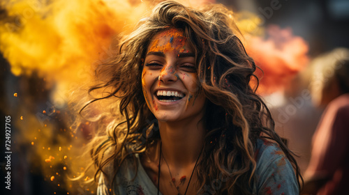 Holi festival of colors. Portrait of a happy Indian girl. Festival of bright colors.