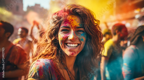 Holi festival of colors. Portrait of a happy Indian girl. Festival of bright colors.