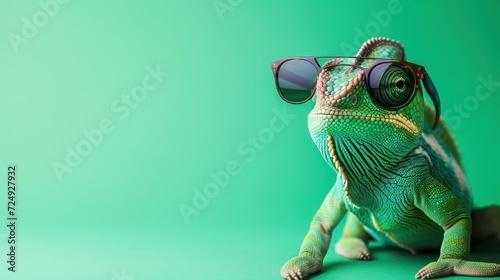 Chameleon wearing glasses on a solid color with copy space background. AI generated image