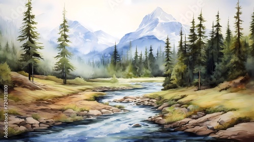 watercolor painting Landscape with mountains, forest, and river. generative ai © KBL Sungkid