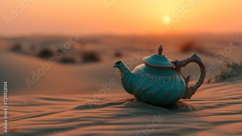 Tea pot over the sand of desert at sunset scenery with empty space. AI generated image