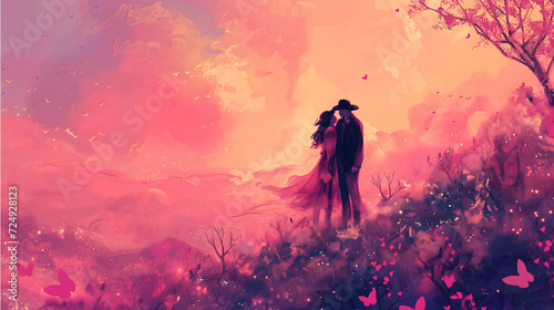 Romantic Valentines day poster. Cowboy couple in a Whimsical Fantasy Magic Pink Boho Landscape
