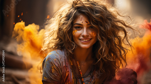 Holi festival of colors. Portrait of a happy Indian girl. Festival of bright colors.