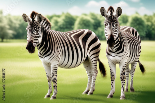 Zebras on a green lawn in summer