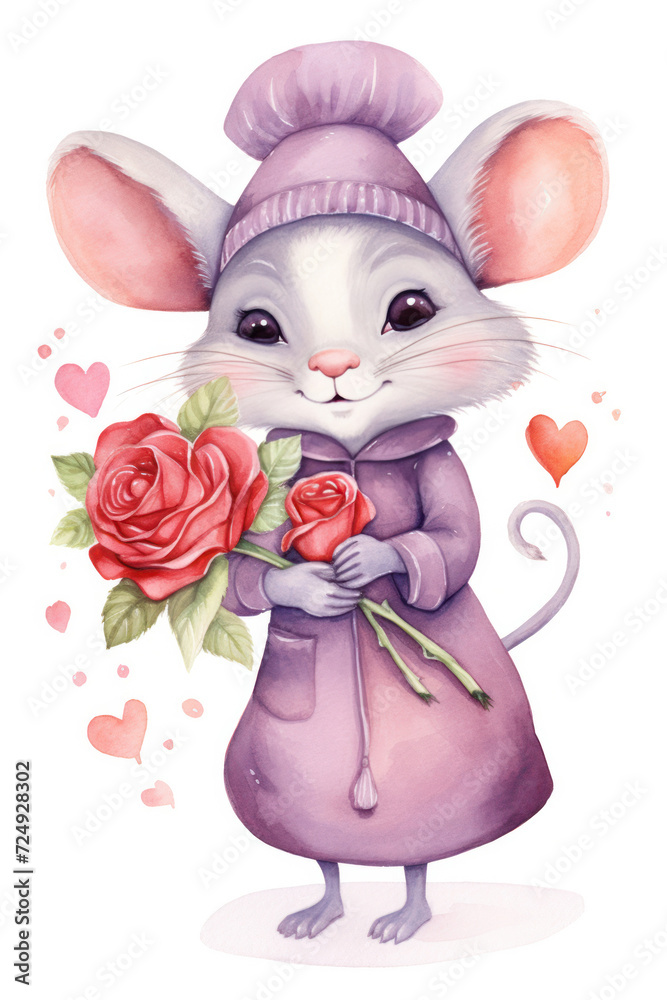 watercolor valentine mouse with hearts and flowers watercolor valentine mouse with hearts and flowers