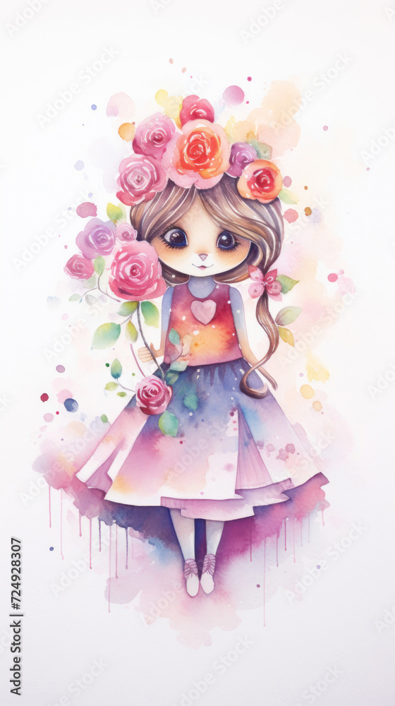 Watercolor valentine girl in a dress with hearts and flowers