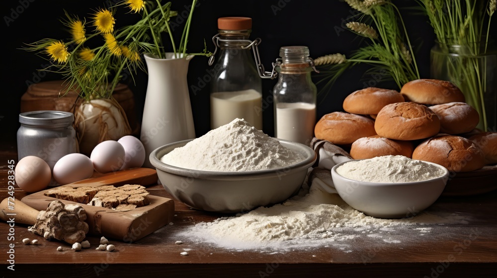 Front view white flour with eggs and different ingredients on dark background dough milk color meal food bake oven