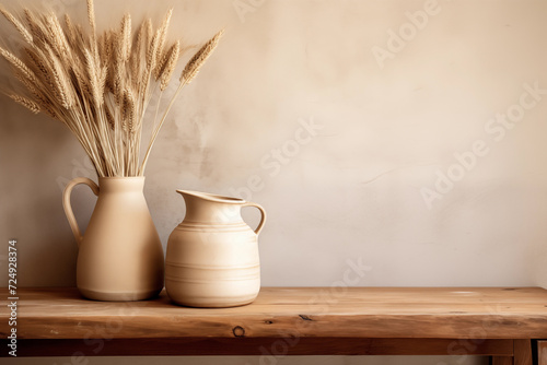 A wooden shelf with two ceramic vases, one is containing ripe wheat. Blank space on wall