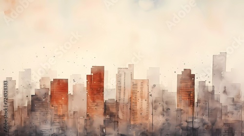 watercolor painting Cityscape with skyscrapers, on gray-brown textured paper. generative ai