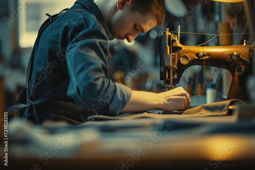 Focused tailor sewing on machine in atelier