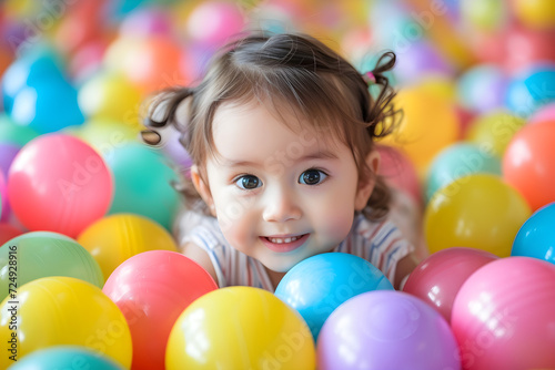 Funny little kids playing in ball and enjoying time in children entertainment and play area, smiling little baby kid girl lying on multi colored plastic balls center