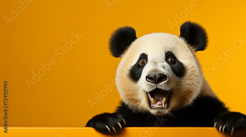 Shocked surprised panda with big eyes on isolated bright orange background, funny animal expression, cute and surprised face, copy space, Chinese New Year 