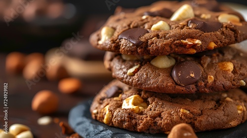 Delicious chocolate cookies with nuts on the table, closeup. Delicious snack photo