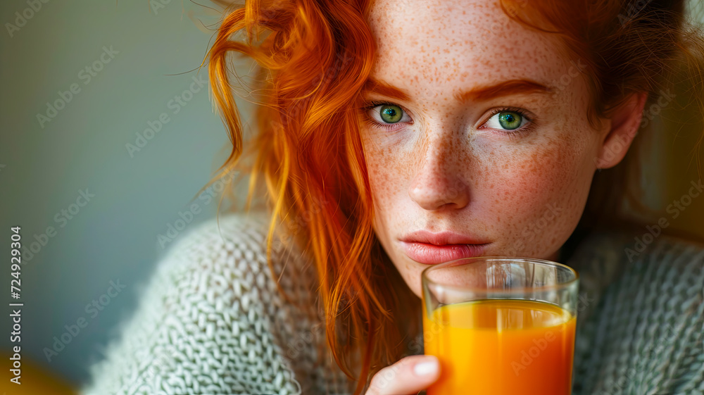 Eine rothaarige Frau trinkt Orangensaft. Eine rothaarige Frau trinkt Orangensaft.
