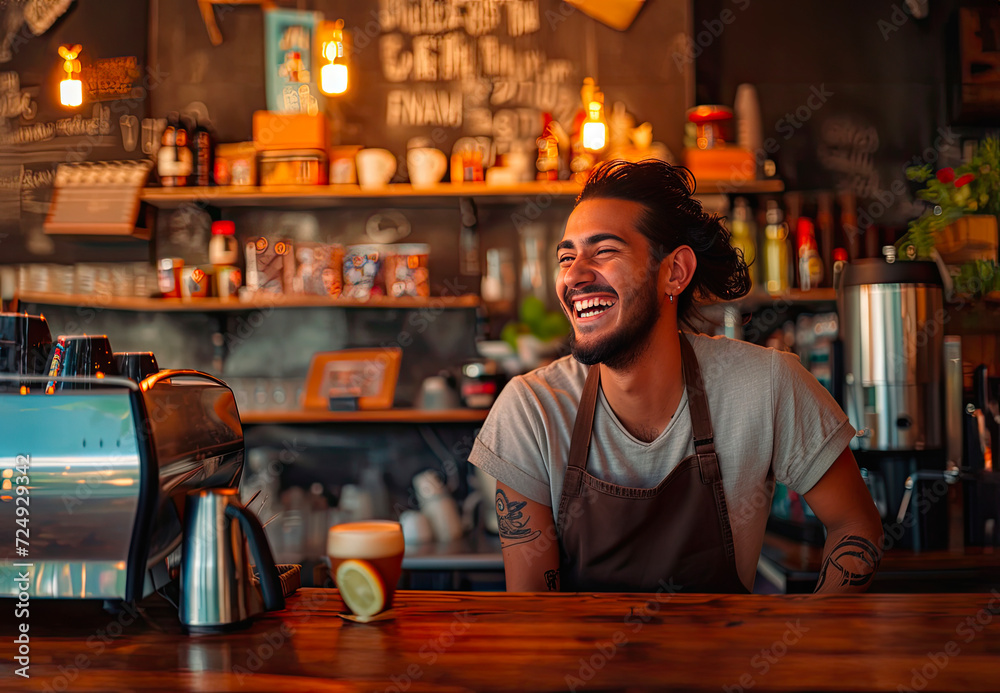 Happy barista at work in a cozy cafe