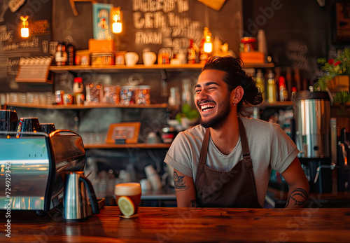 Happy barista at work in a cozy cafe