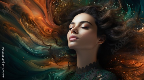 A woman's face surrounded by swirling cosmic energy, representing the interconnectedness of her mental and spiritual well-being