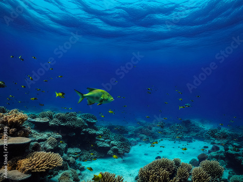 School green fish swimming in blue ocean water tropical under water. Fishes in underwater wild animal world. Observation of wildlife Indian ocean. Scuba diving adventure in Maldives coast. Copy space