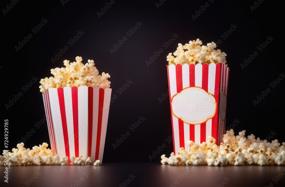 Two red and white striped cardboard buckets with delicious popcorn, isolated on a black background. A box with a scattering of popcorn grains. Fast food, cinema, movie and entertainment concept