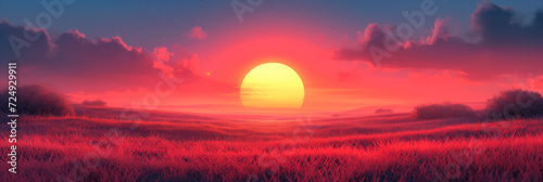 Setting sun, panorama, cartoon style photo