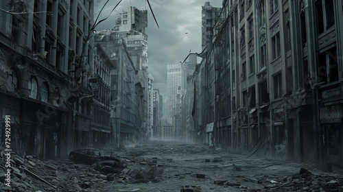 A city street lies abandoned and desolate in the aftermath of an apocalypse photo