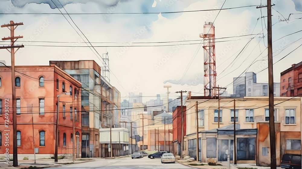 watercolor painting View of buildings with Kearney landmarks. generative ai