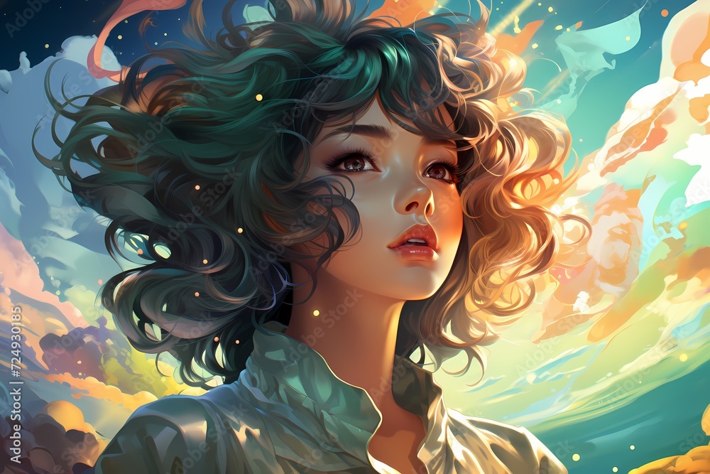 Striking anime-inspired holographic character with flowing cosmic hair against a serene mint green background