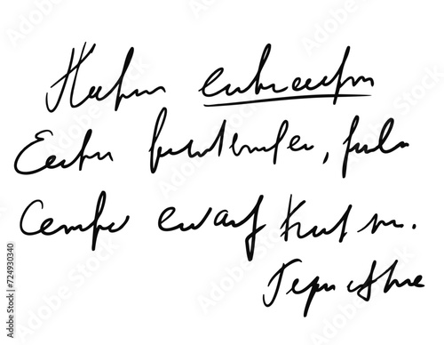 Handwritten Unreadable text. Black old vintage written text .Abstract illegible handwriting of fictional language. Incomprehensible letters