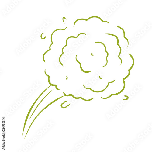 Fart and smell gas. Stinky cloud effect. Toxic cartoon breath. Scent funny smoke. Comic green wind isolated on white