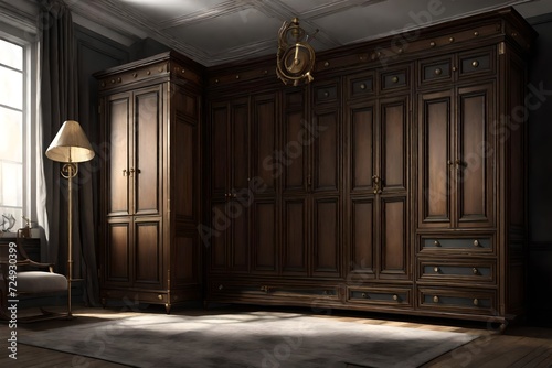 Victorian Steampunk Master Bedroom Wardrobe  Vray Style  Neoclassical Simplicity  Contrasting Light and Shadow  Helene Knoop  Wood  Antique Brass  Classic Modern