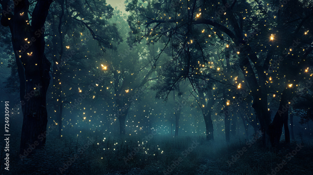 A magical and mystical forest illuminated by glowing lights at night - obrazy, fototapety, plakaty 