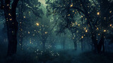 A magical and mystical forest illuminated by glowing lights at night