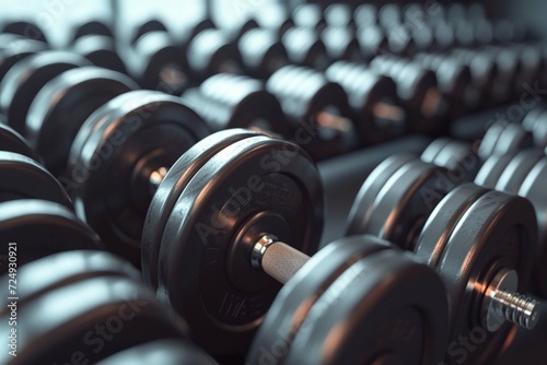 Rows of dumbbells with heavy plates. Sports equipment. 3d render photo