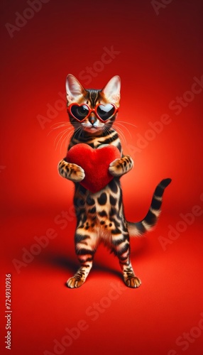 A charming Bengal cat with heart-shaped glasses on a vivid red background for Valentine's Day.