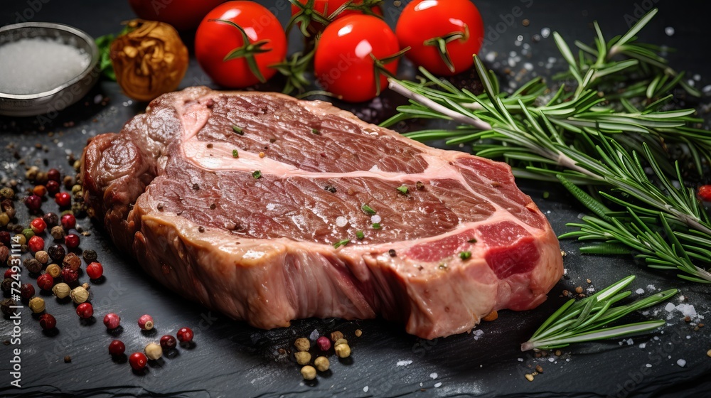 High angle of meat with herbs and garlic