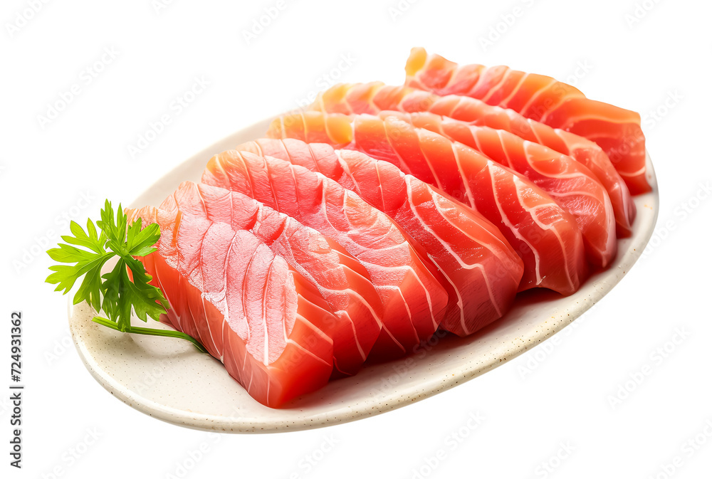 raw salmon fillet on a plate, isolated on a transparent background