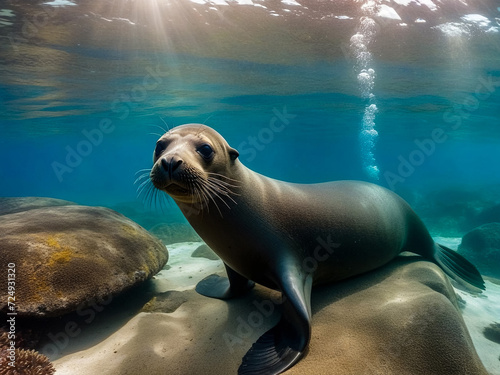 Galapagos fur seal (Arctocephalus galapagoensis) swimming at camera in tropical underwaters. Lion seal in under water world. Observation of wildlife ocean. Scuba diving adventure in Ecuador coast © Alex Vog