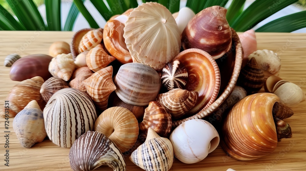 High angle view of shells on table High angle view of shells on table