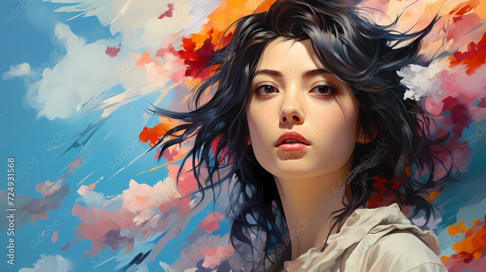 Striking Japanese model immersed in a cascade of vivid AI-created watercolor strokes against a serene sky blue pastel background