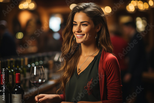 Young woman sommelier in a wine cellar with a glass in her hands tasting wine