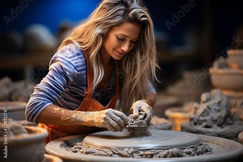 a young woman enthusiastically sculpts from clay on a potter's wheel