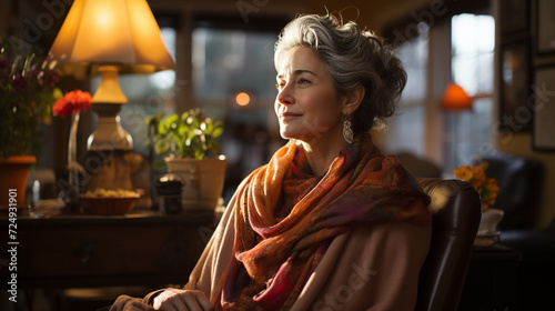 An elderly, gray-haired beautiful woman sits in a chair in her house and thinks with a smile