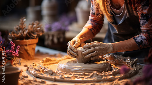 Women's hands sculpt clay on a potter's wheel. Hobbies and work © Olya Komarova