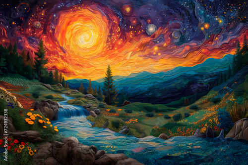 A vibrant view of the universe's birth from Genesis, with light dividing darkness, celestial spheres forming, and the first life blossoming in divine splendor. © The Blue Wave