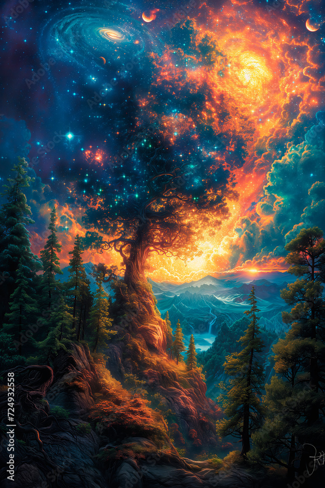 Fototapeta premium A vibrant view of the universe's birth from Genesis, with light dividing darkness, celestial spheres forming, and the first life blossoming in divine splendor.