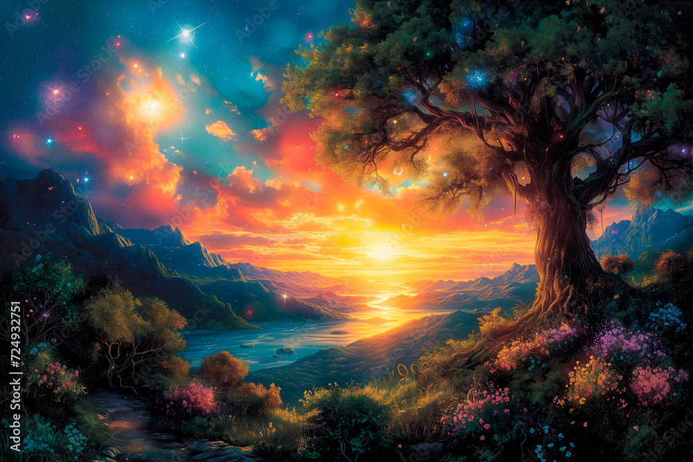 A vibrant view of the universe's birth from Genesis, with light dividing darkness, celestial spheres forming, and the first life blossoming in divine splendor.