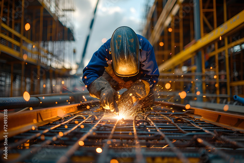 An experienced veteran welder at a construction site, welding metal pieces on a metal structure.