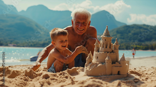 Caucasian grandfather and grandson build sand on the beach. photo