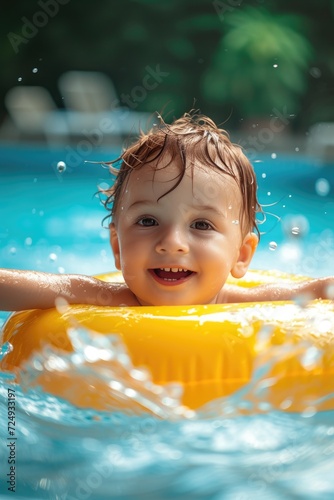 Happy child in swimming poo...