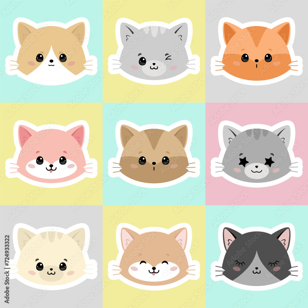 Fototapeta premium Cute and smile cat heads vector set. Happy cat faces character design of different cat
